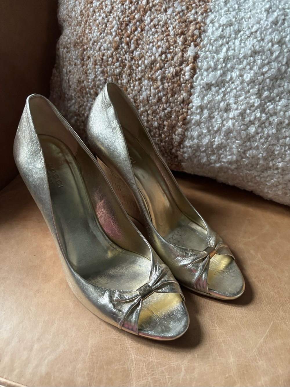 Gucci Metallic Gold Wedge Peep-Toe Pumps with Knot Accent